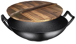 Bruntmor Pre-Seasoned 14-inch Cast Iron Wok With Wooden Lid Small